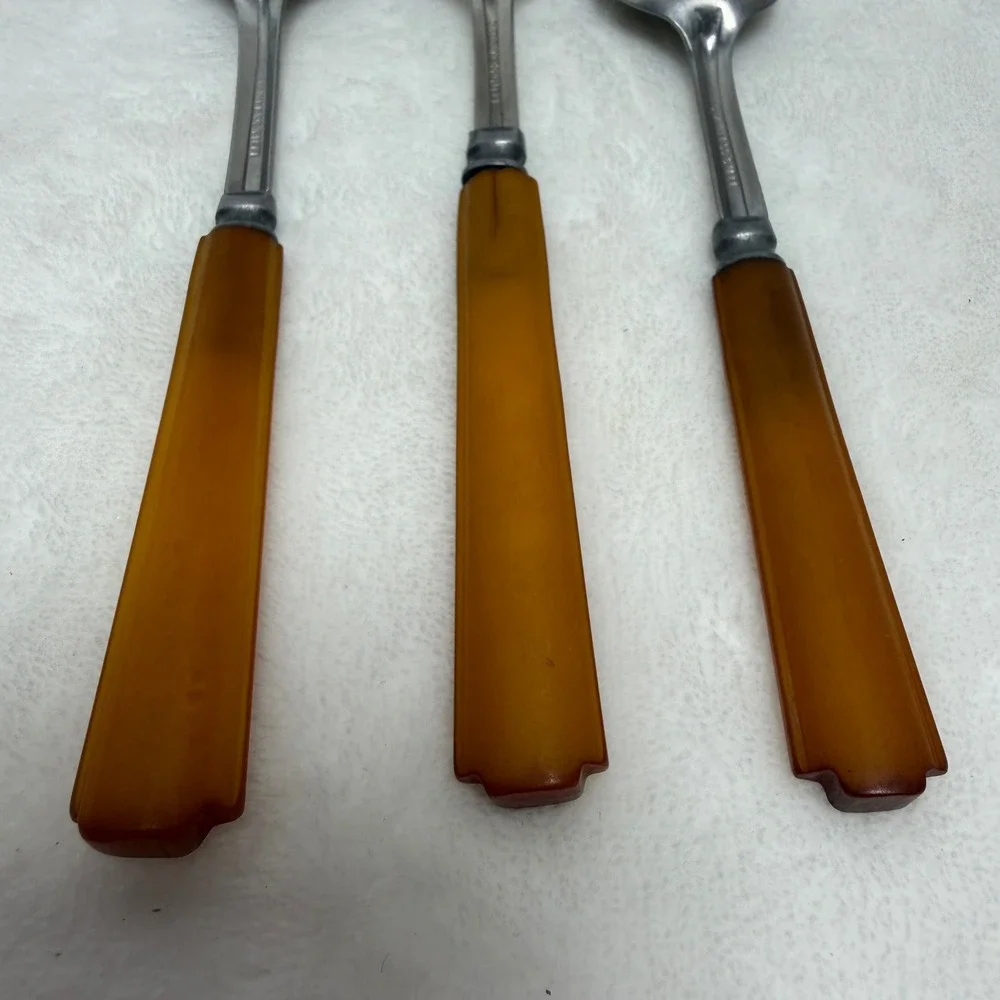 VTG‎ Bakelite Flatware 3pc Set Butterscotch Amber Handles Fork Spoons